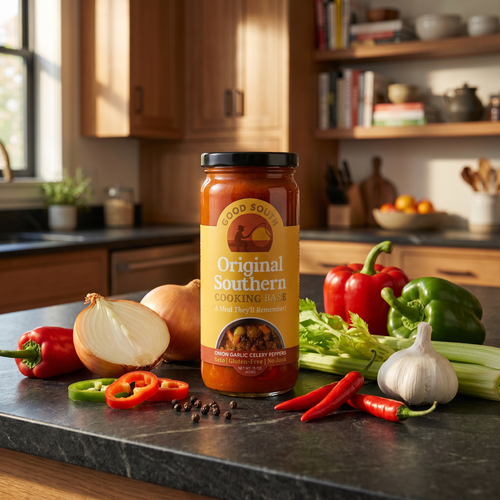 Jar of Original Southern Cooking Base on a kitchen counter with vegetables