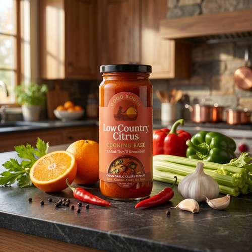 Jar of 'Low Country Citrus' cooking base on a kitchen counter with vegetables
