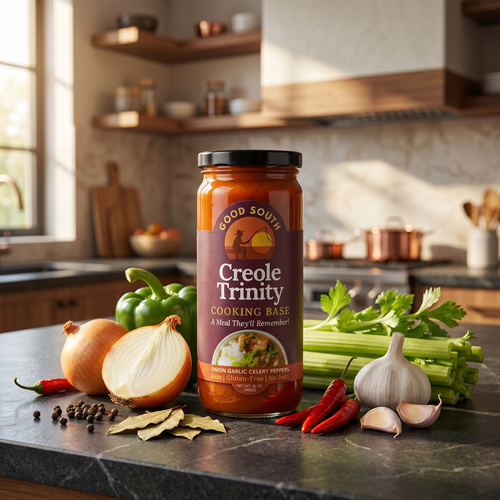 Jar of Good South Creole Trinity cooking base on a kitchen counter with vegetables.