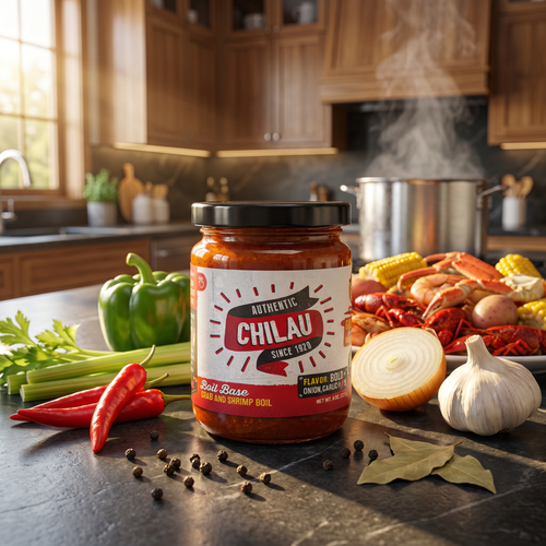 Chilau bottle of sauce on a kitchen counter with vegetables