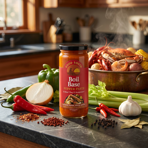 Good South Boil Base Pepper Paste jar on a kitchen counter with ingredients and a pot of food.