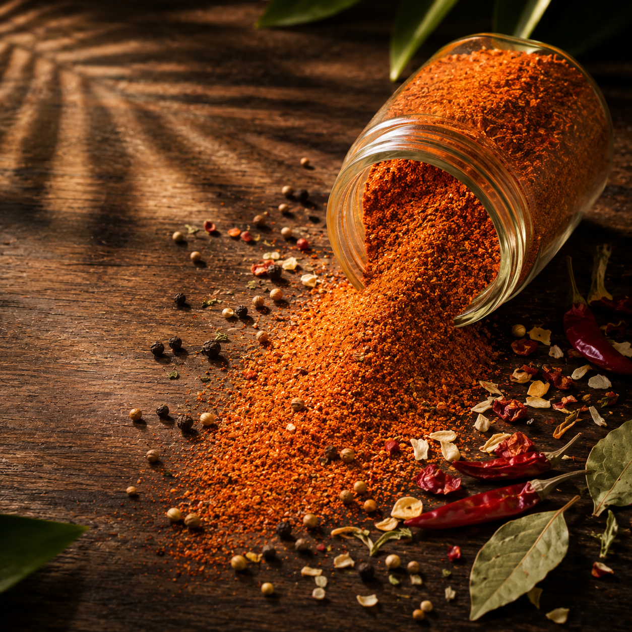 Glass jar of red pepper flakes spilling onto a wooden surface with herbs and spices.