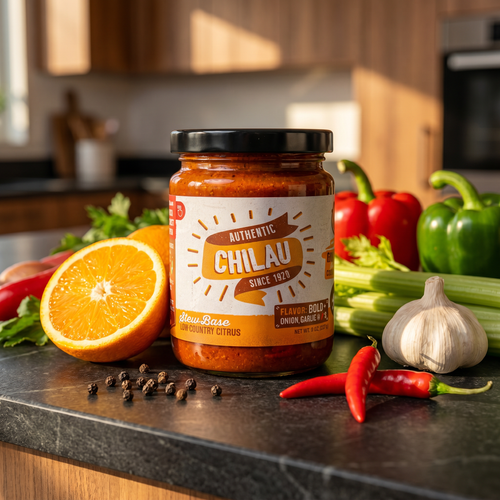 Jar of Chilau sauce on a kitchen counter with ingredients
